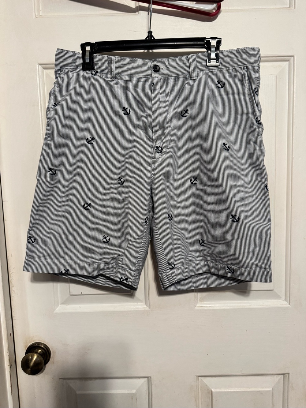 Cremieux Navy Anchor Embroidered Blue-White Pinstripe Shorts size 35.